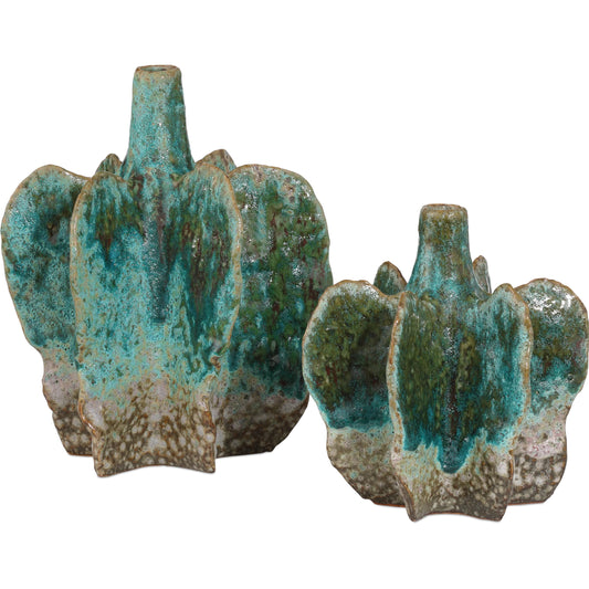 Urbano Vase Set by Currey and Company in turquoise, brown. Made from porcelain in a unique style.
