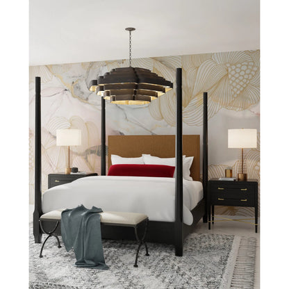 Verona Nightstand by Currey and Company in black lacquered linen, champagne stretchers, linen wrapped cha. Made from solid wood, engineered hardwood in a traditional style.