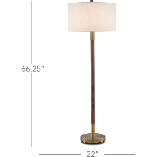 Bravo Floor Lamp by Currey and Company in mahogany, antique brass. Made from rubber wood, metal in a rustic style.