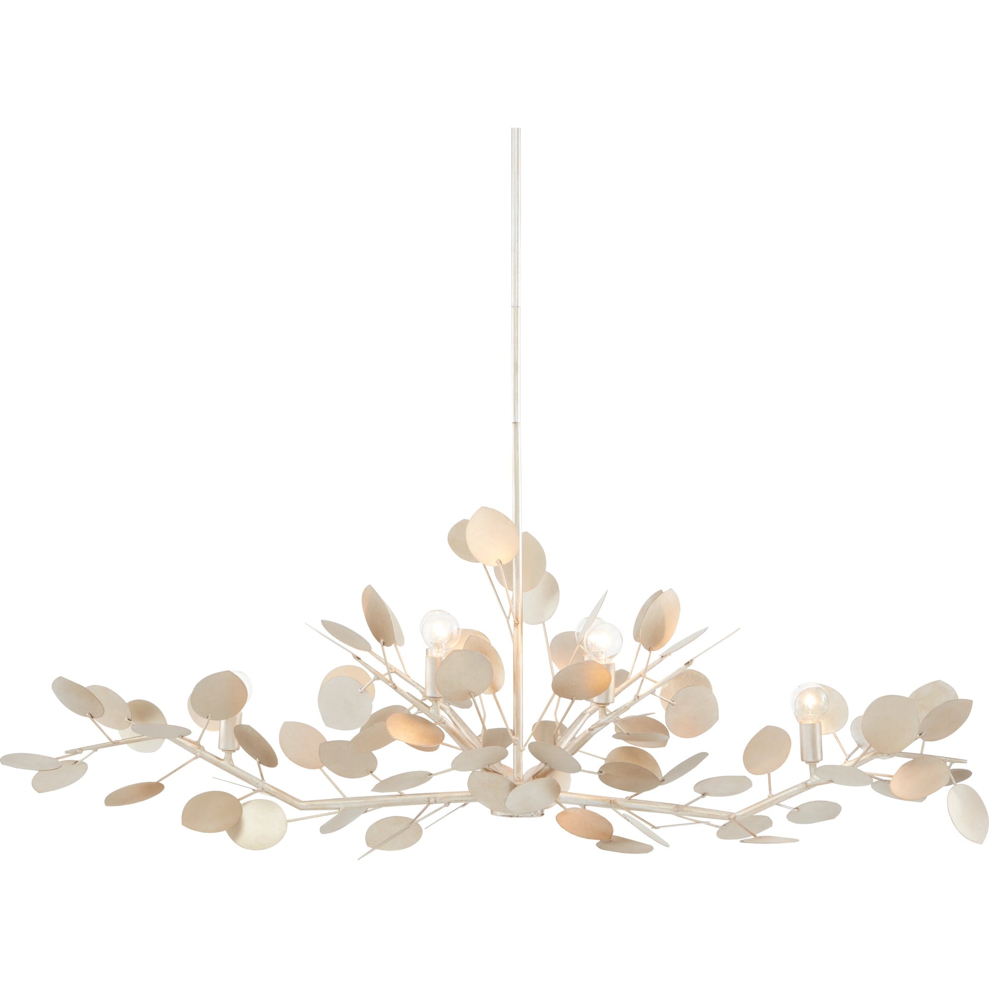 Lunaria Oval Chandelier by Currey and Company in contemporary silver leaf. Made from wrought iron in a transitional style.