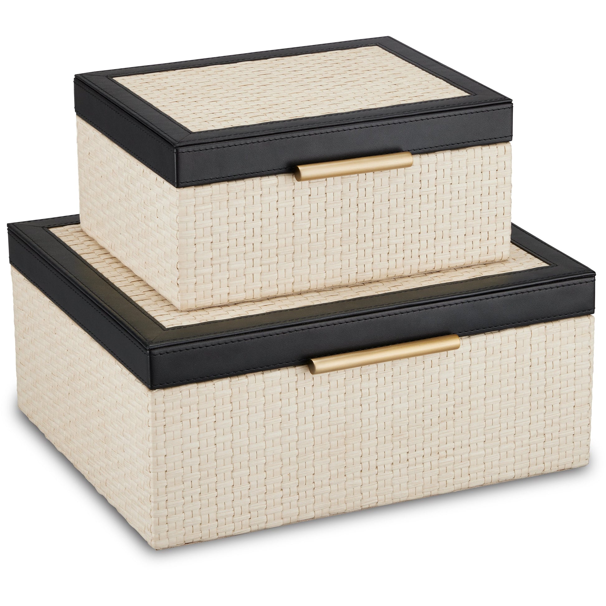 Deanna Box Set by Currey and Company in ivory, black, light antique brass, beige. Made from raffia, leather, brass, microsuede, mdf in a modern style.