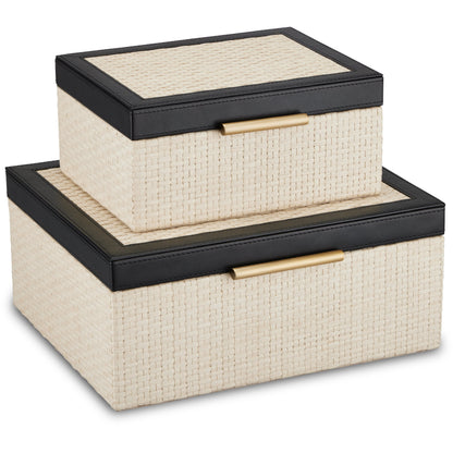 Deanna Box Set by Currey and Company in ivory, black, light antique brass, beige. Made from raffia, leather, brass, microsuede, mdf in a modern style.