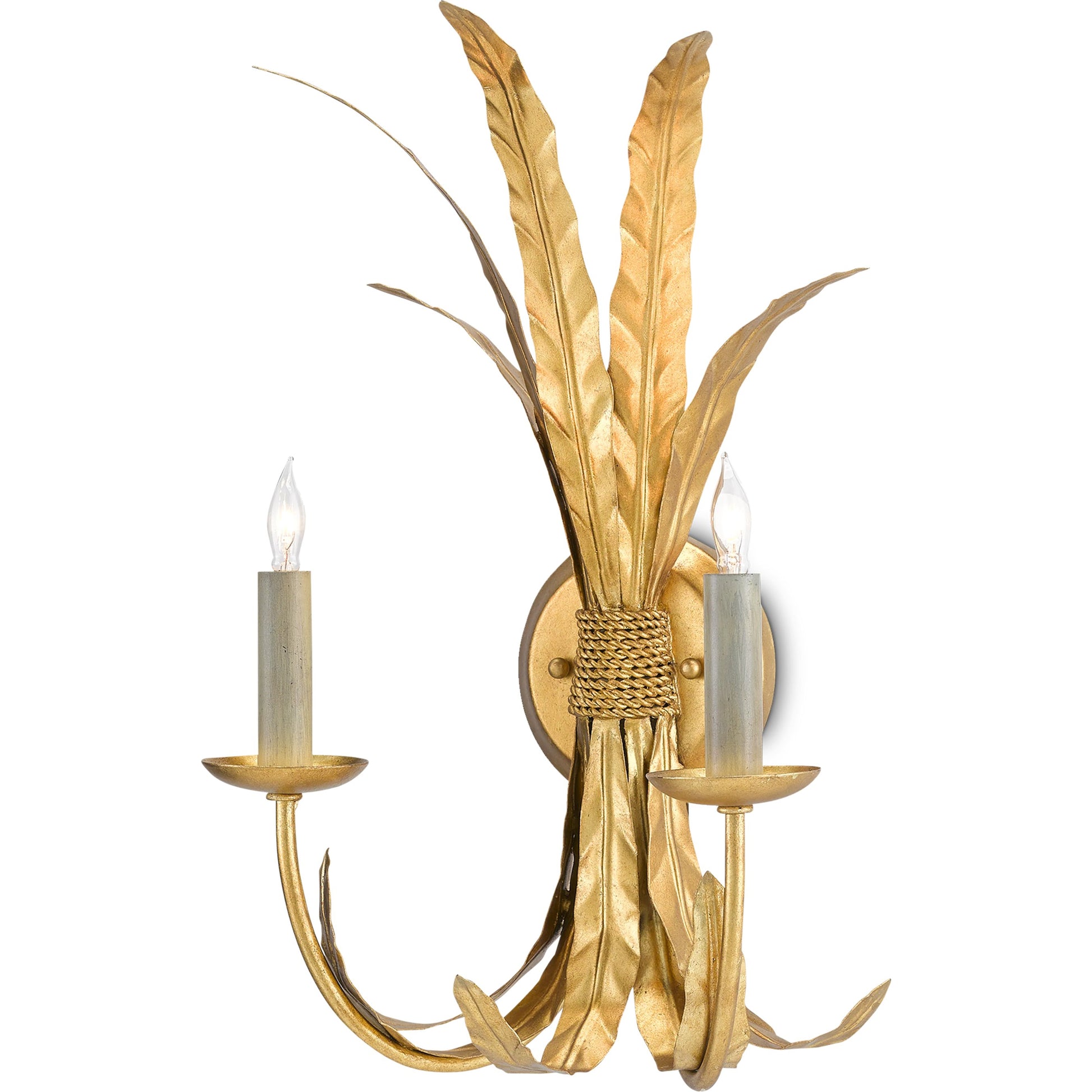 Bette Wall Sconce by Currey and Company in grecian gold leaf. Made from wrought iron in a transitional style.