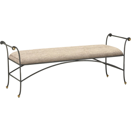 Mabel Bench by Currey and Company in antique black, polished brass. Made from stee, stainless steel in a unique style.
