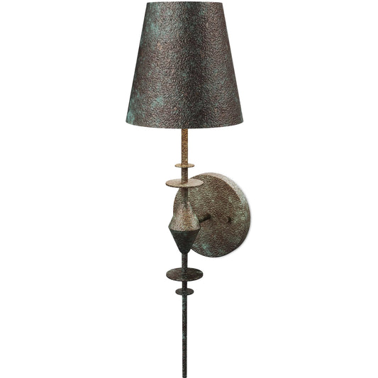 Anselm Wall Sconce by Currey and Company in verde bronze, contemporary gold. Made from wrought iron in a unique style.