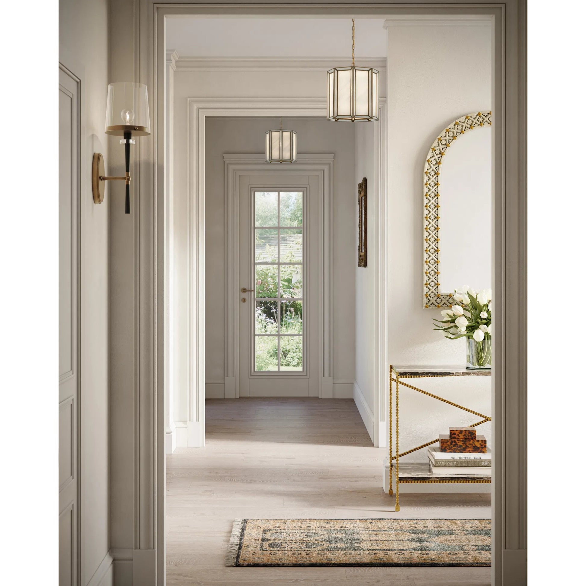 Daze Pendant by Currey and Company in antique brass, white. Made from brass, iron, milk glass in a modern style.