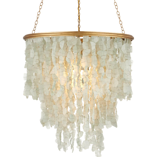 Verre De Mer Chandelier by Currey and Company in seaglass, contemporary gold. Made from glass, wrought iron in a unique style.