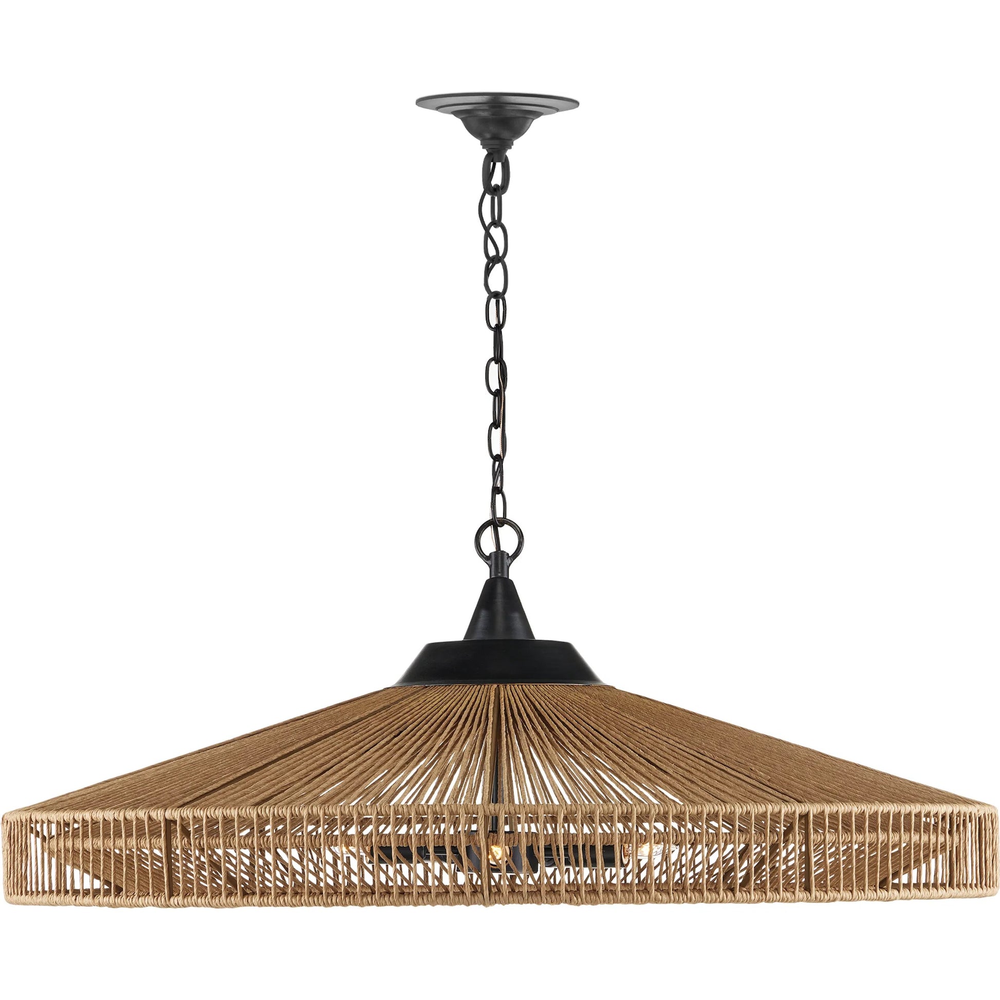 Maldives Chandelier by Currey and Company in natural, satin black. Made from wrought iron, kraft paper twine in a coastal style.