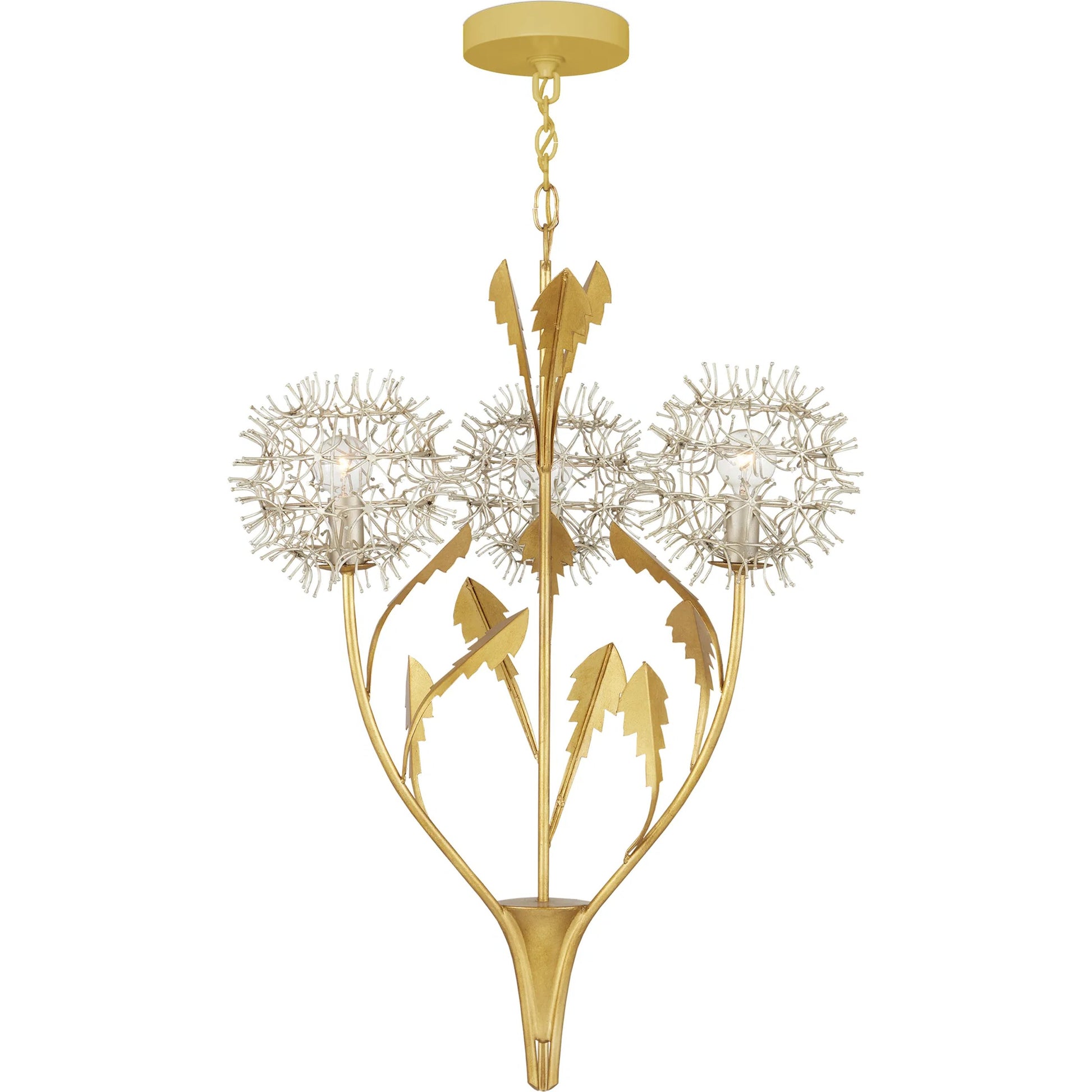 Dandelion Pendant by Currey and Company in contemporary silver leaf, contemporary gold leaf. Made from wrought iron in a modern style.