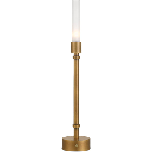 Paseo Cordless Table Lamp by Currey and Company in polished antique brass, clear. Made from metal, glass in a unique style.