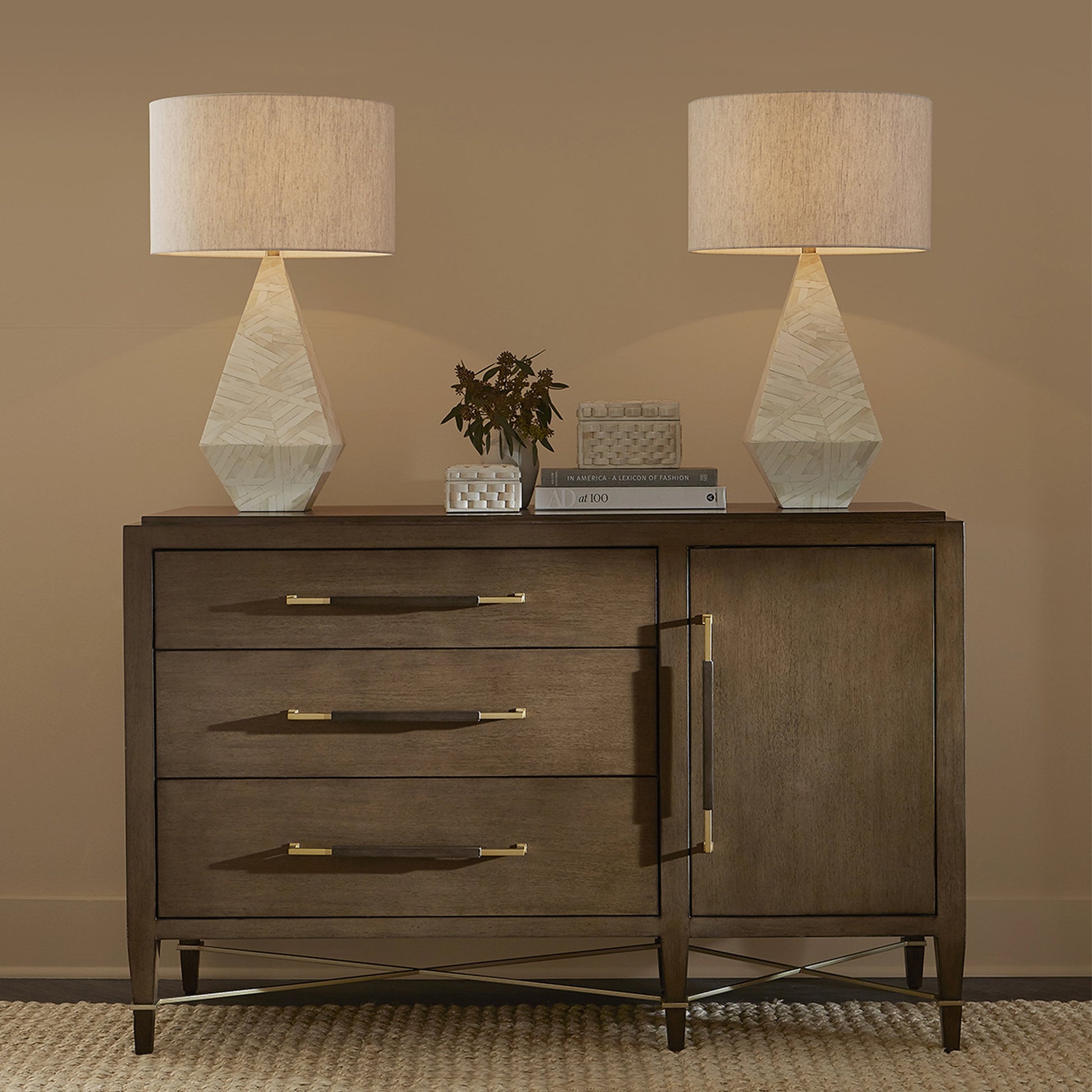 Verona Three-Drawer Chest by Currey and Company in lacquered black linen, champagne. Made from black linen, mahogany, brass, iron in a traditional style.