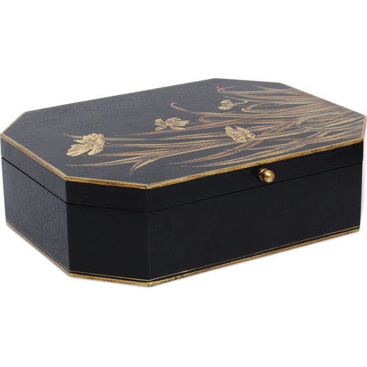 Glasshouse Tole Box by Currey and Company in black, gold. Made from wood in a traditional style.