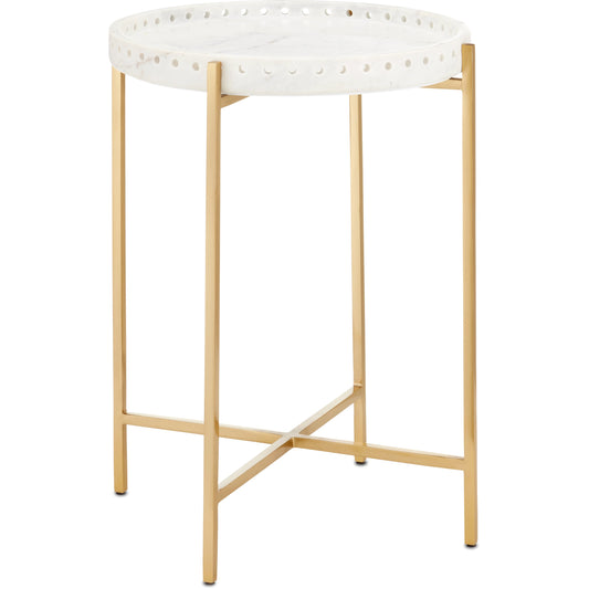 Freya Accent Table by Currey and Company in white, antique brass. Made from marble, iron, engineered hardwood in a modern style.