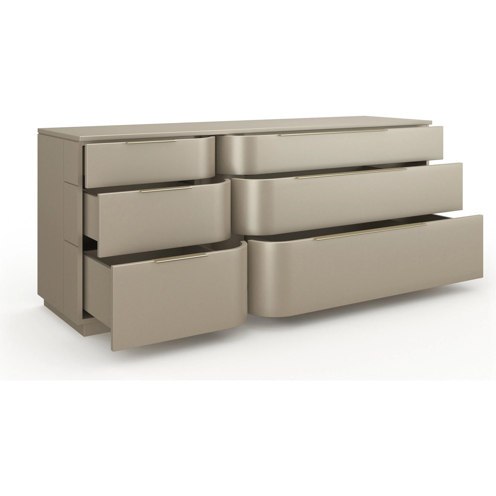 Oblique Dresser by Caracole in soft silver paint gloss, brushed whisper of gold. Made from unique in a transitional style.