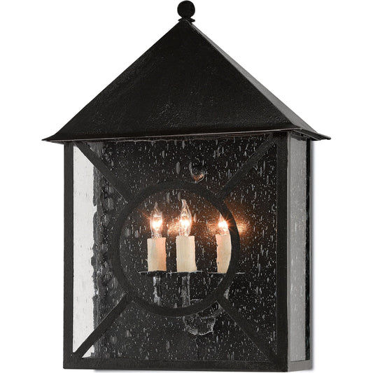 Ripley Outdoor Wall Sconce by Currey and Company in midnight (pure black). Made from wrought iron, glass in a traditional style.