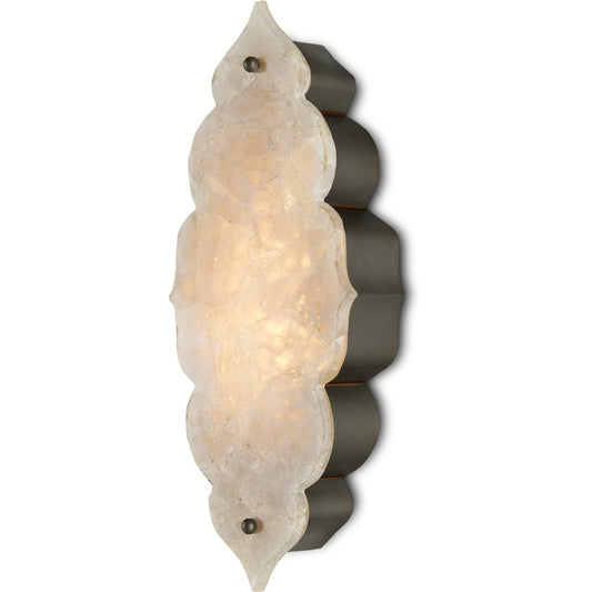 Andalusia Wall Sconce by Currey and Company in hiroshi gray, sugar white, natural stone. Made from wrought iron, laminated quartz in a modern style.