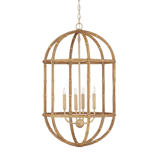 Charrette Lantern by Currey and Company in natural, saddle tan. Made from rattan, wrought iron in a unique style.