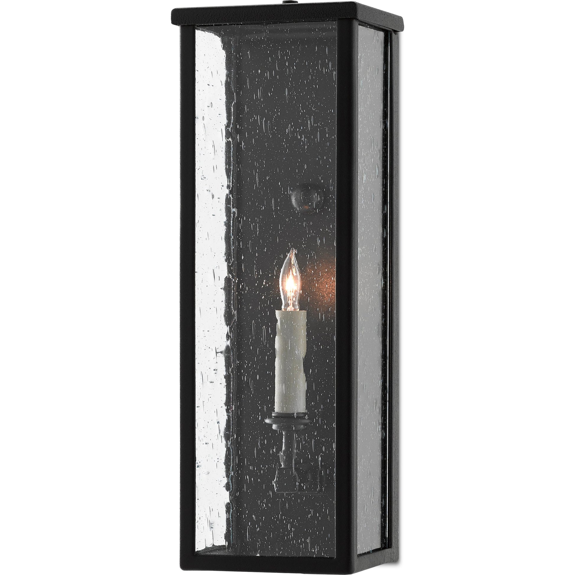 Tanzy Outdoor Wall Sconce by Currey and Company in midnight. Made from wrought iron, seeded glass in a transitional style.