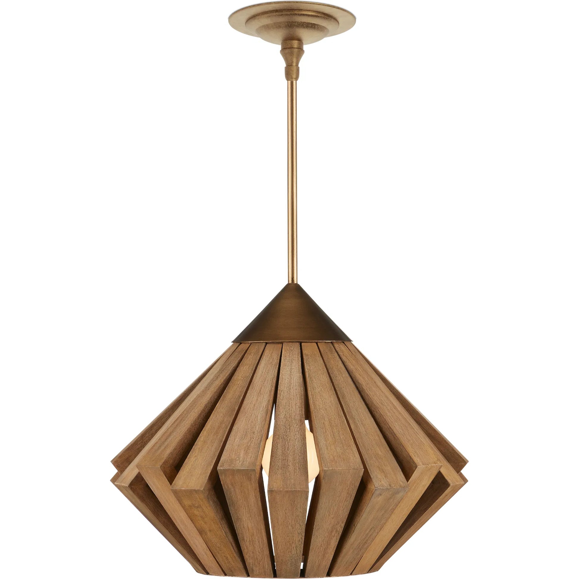 Plunge Pendant by Currey and Company in toffee, brass. Made from wrought iron, wood in a modern style.