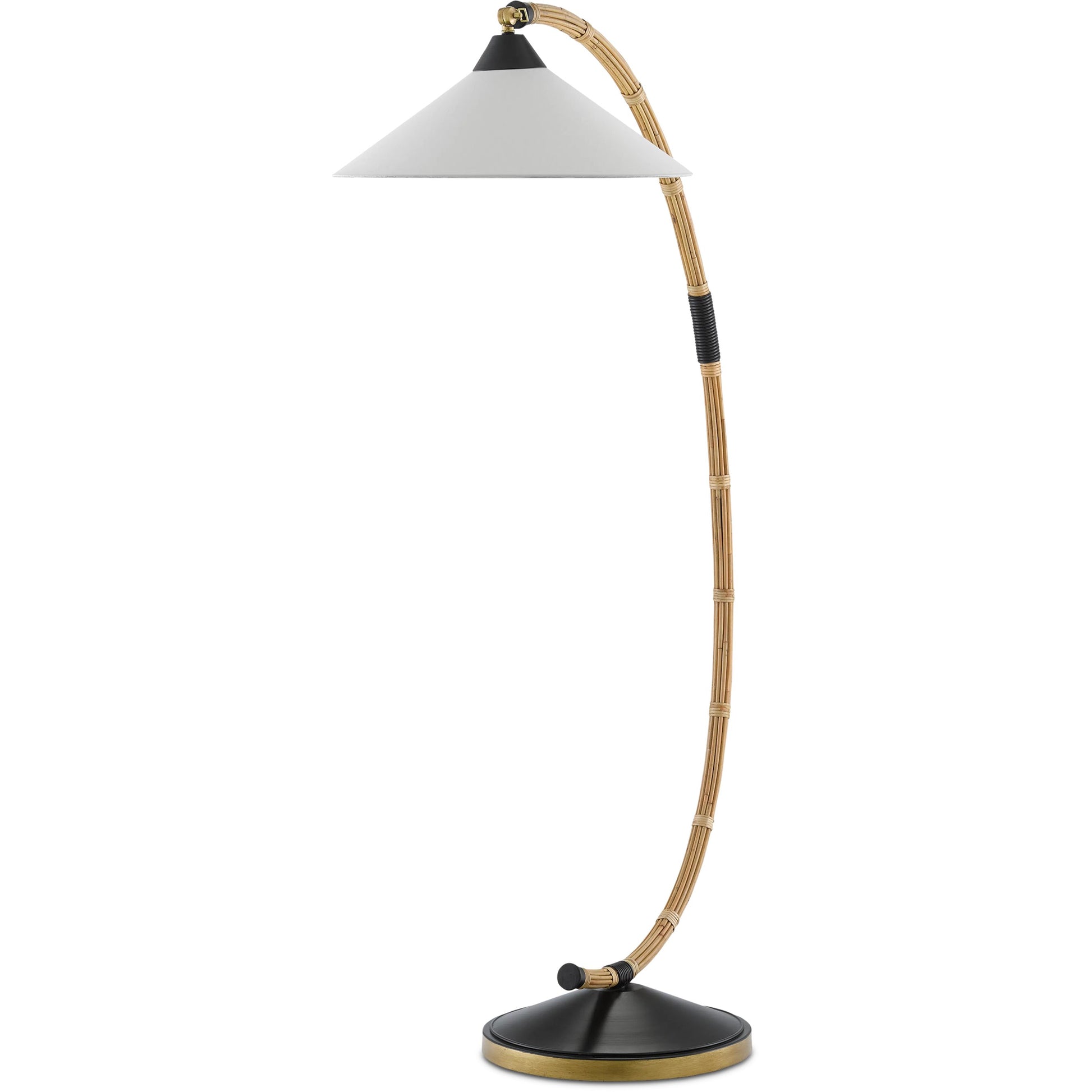 Lisbon Floor Lamp by Currey and Company in natural, rattan, new brass, satin black. Made from wrought iron, rattan in a modern style.