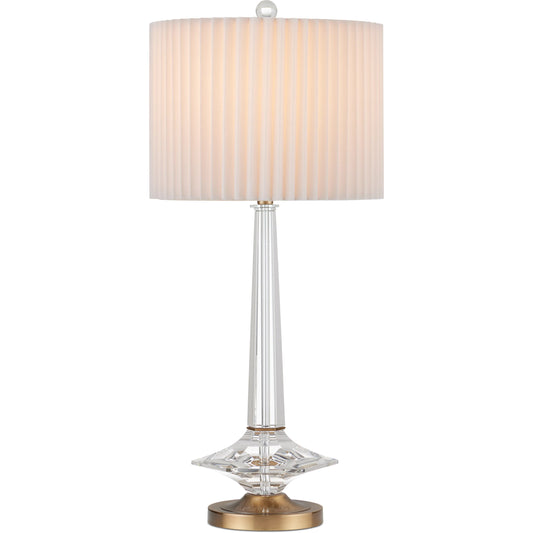 Anton Table Lamp by Currey and Company in clear, antique brass. Made from optic crystal, metal in a modern style.
