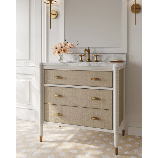 Aster 36" Vanity with Undermount Sink by Currey and Company in off-white, fog, natural, white, polished brass. Made from beech wood, sungkai wood, oak veneer, white carrara marble, vitreous china, brass in a modern style.