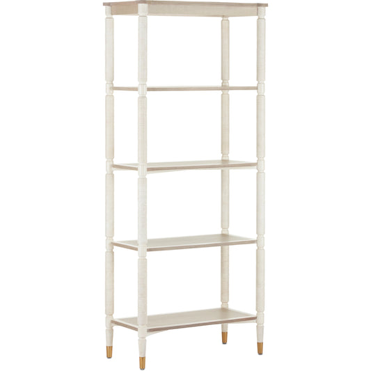 Aster Etagere by Currey and Company in off white, fog, brass. Made from beech, oak, brass in a transitional style.