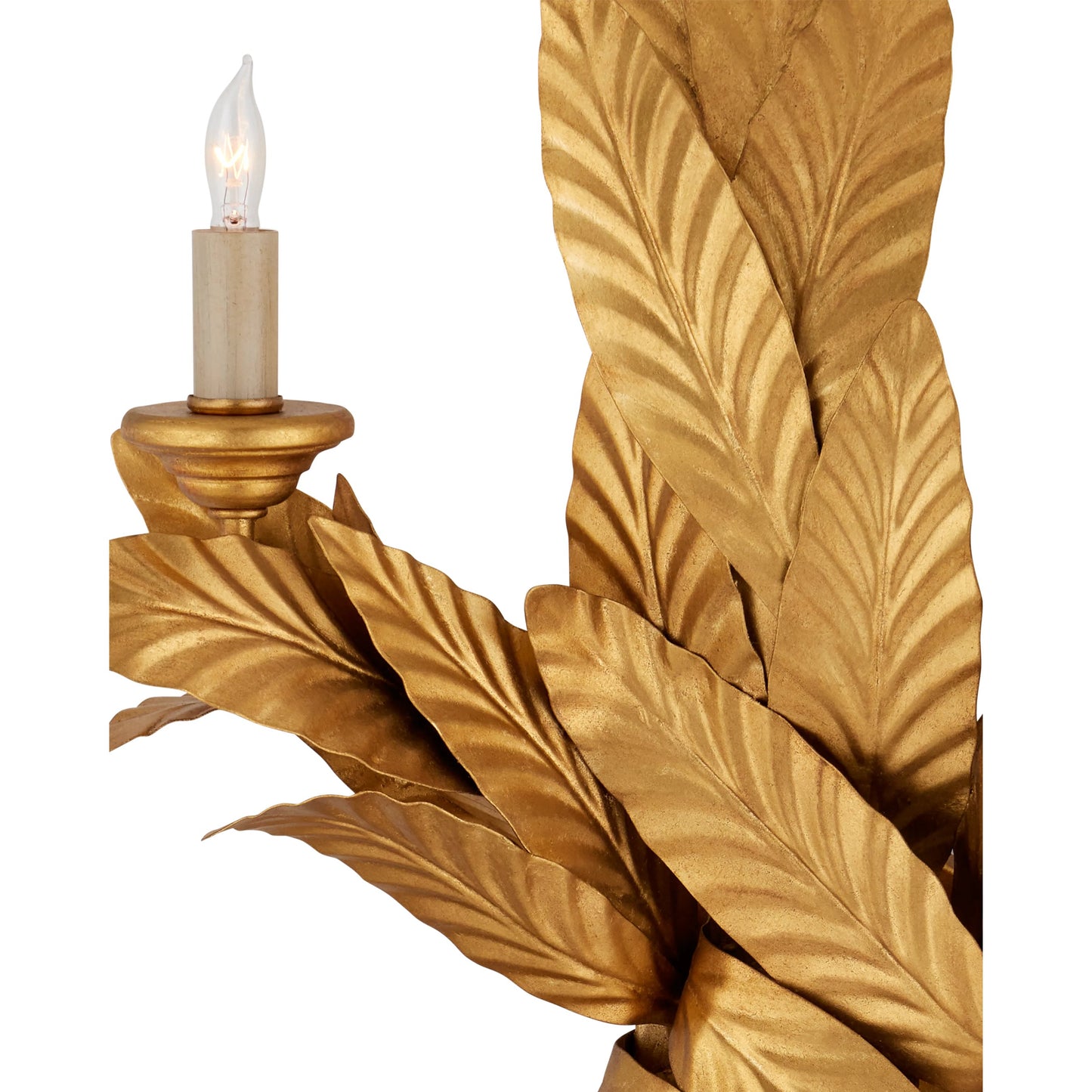 004 SR-381052 | Closeup | Apollo Wall Sconce by Currey and Company in contemporary gold leaf. Made from wrought iron in a modern style.