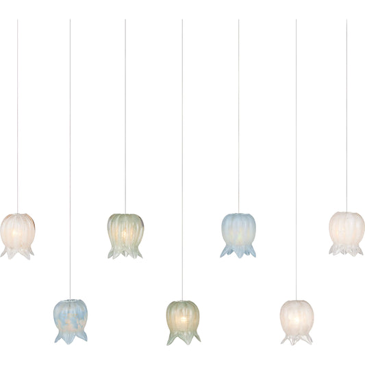 Polpo Misto 7-Light Linear Multi-Drop Pendant by Currey and Company in blue, green, white, silver. Made from art glass, metal in a modern style.