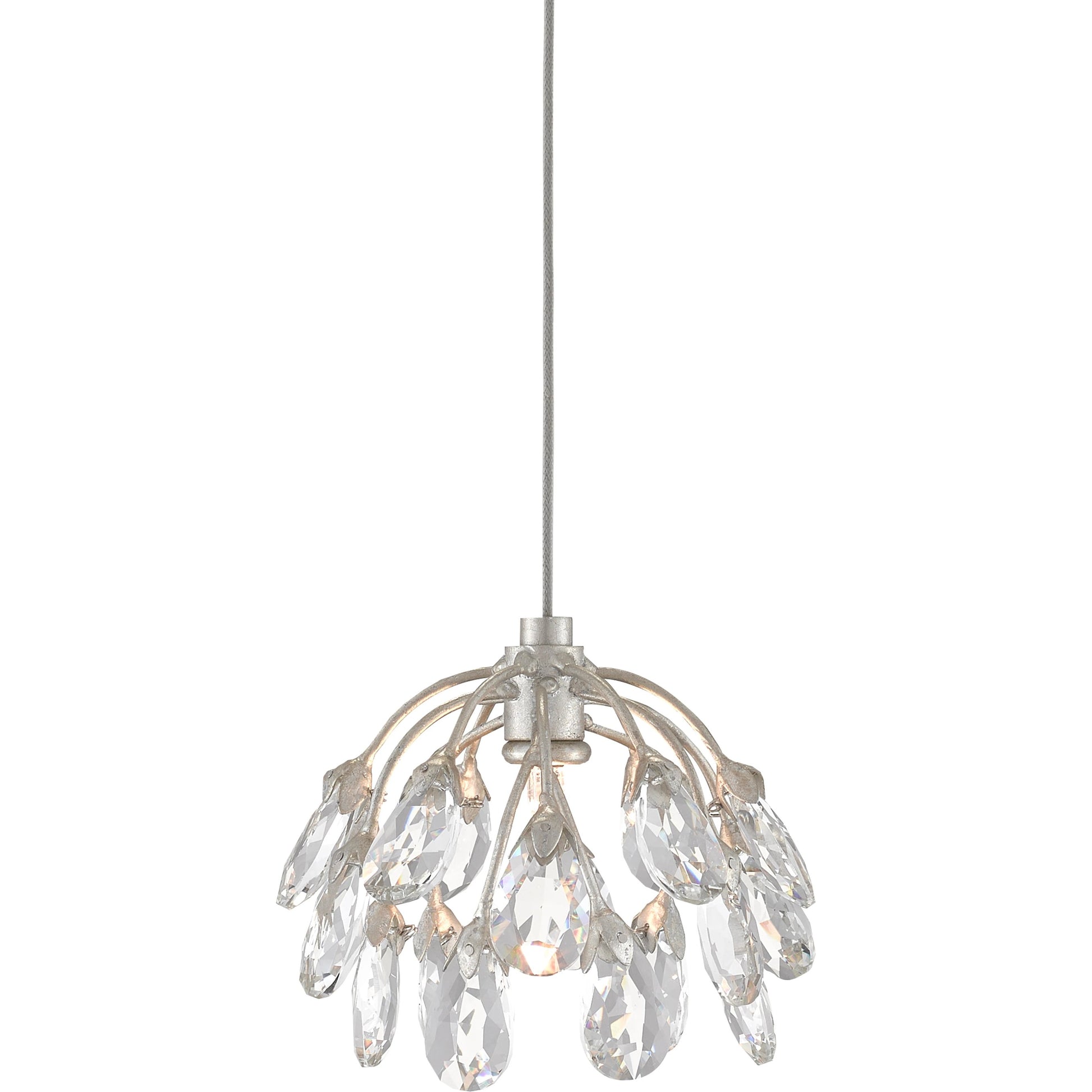 Crystal Bud Pendant by Currey and Company in painted silver, contemporary silver leaf. Made from crystal, wrought iron in a transitional style.