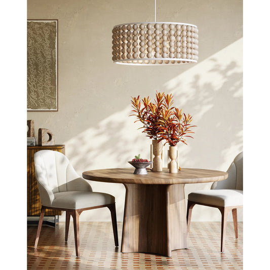 Holcroft Chandelier by Currey and Company in sandstone, sugar white. Made from wood beads, wrought iron in a modern style.