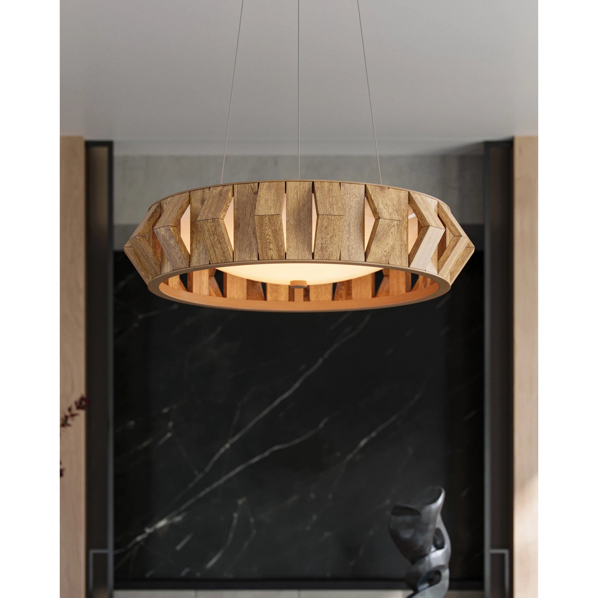 Plunge Chandelier by Currey and Company in toffee, brass, white. Made from wood, wrought iron, composite in a modern style.