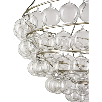 Stratosphere Chandelier by Currey and Company in contemporary silver leaf. Made from wrought iron, glass in a modern style.