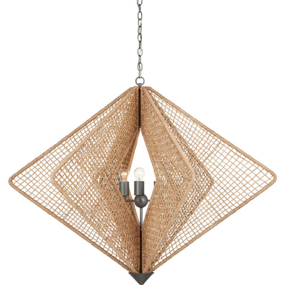 Shizen Chandelier by Currey and Company in natural rope, hiroshi gray. Made from abaca rope, wrought iron in a coastal style.