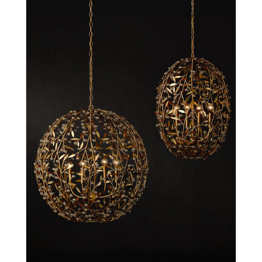 Secret Garden Chandelier by Currey and Company in clear, contemporary gold leaf, contemporary gold. Made from crystal, wrought iron in a unique style.