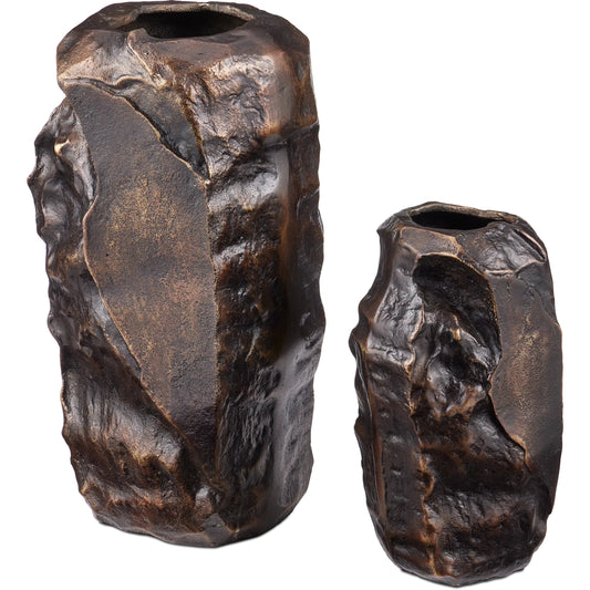 Carmelo Vase Set by Currey and Company in scorched bronze. Made from cast aluminum in a unique style.