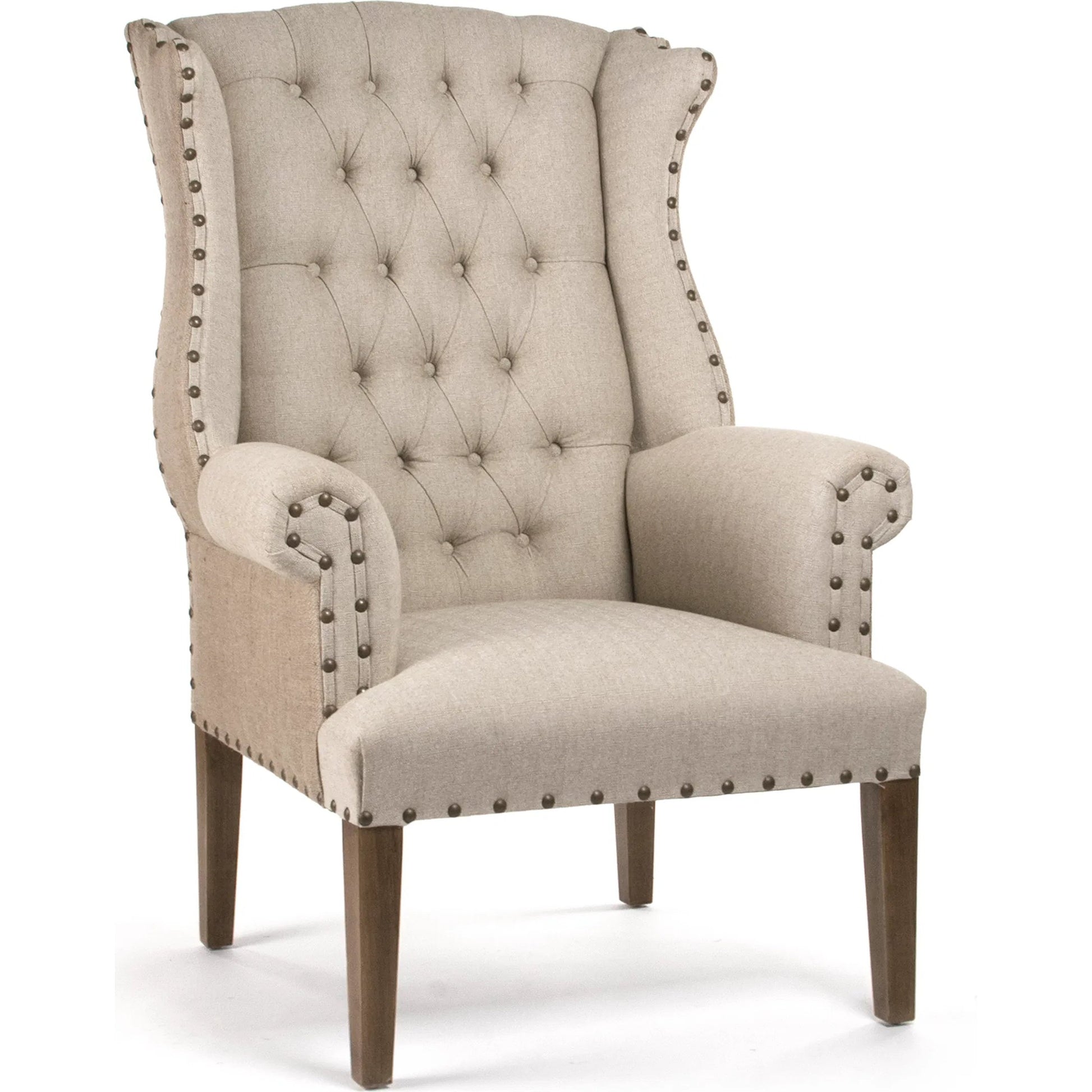 Tufted Wing Chair by Zentique in antique natural linen, burlap and hardwood maple. Made from hardwood maple in a traditional style.