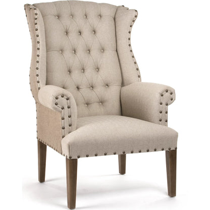 Tufted Wing Chair by Zentique in antique natural linen, burlap and hardwood maple. Made from hardwood maple in a traditional style.