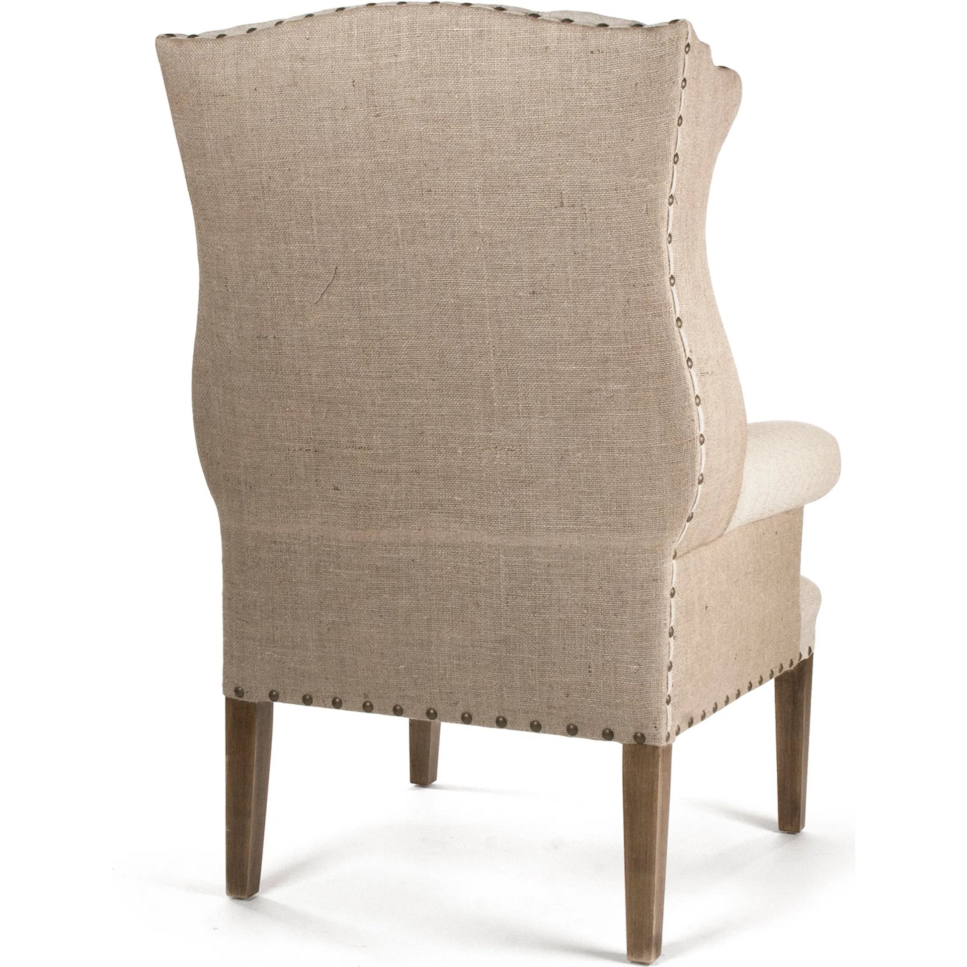 Tufted Wing Chair by Zentique in antique natural linen, burlap and hardwood maple. Made from hardwood maple in a traditional style.