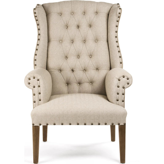 Tufted Wing Chair by Zentique in antique natural linen, burlap and hardwood maple. Made from hardwood maple in a traditional style.