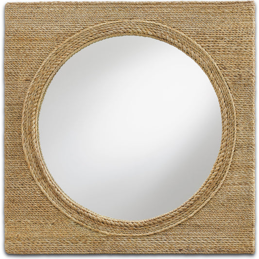 Tisbury Mirror by Currey and Company in natural. Made from abaca rope, wood, mirror in a coastal style.
