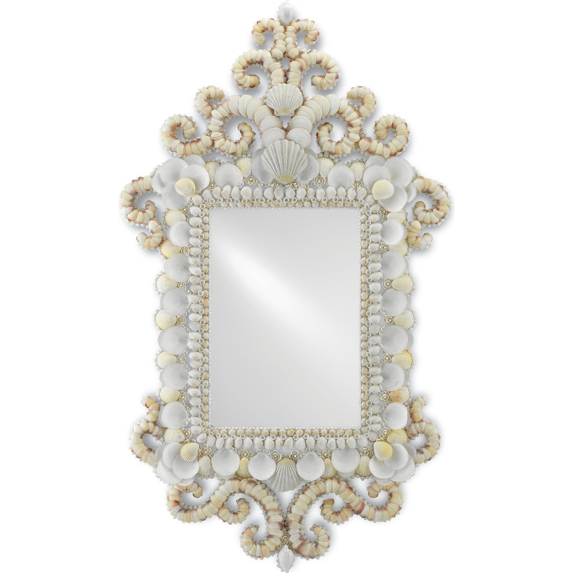 Cecilia Mirror by Currey and Company in white, natural, mirror. Made from shells, wood, mirror in a coastal style.