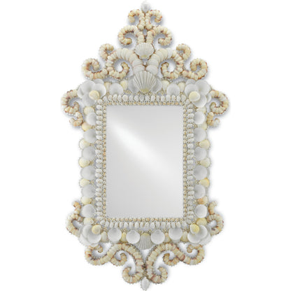Cecilia Mirror by Currey and Company in white, natural, mirror. Made from shells, wood, mirror in a coastal style.