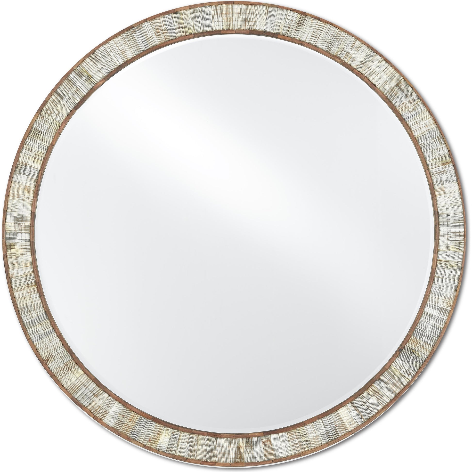 Hyson Round Mirror by Currey and Company in natural, mirror. Made from horn, sheesham wood, engineered hardwood, glass in a coastal style.