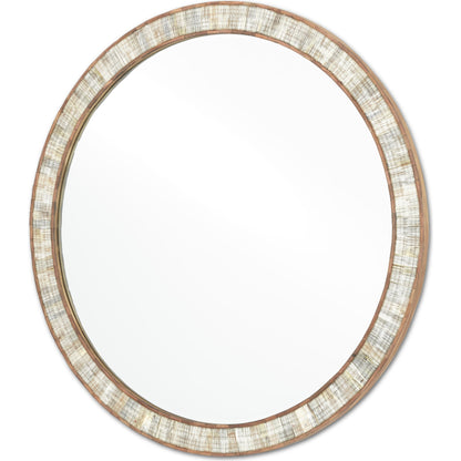 Hyson Round Mirror by Currey and Company in natural, mirror. Made from horn, sheesham wood, engineered hardwood, glass in a coastal style.