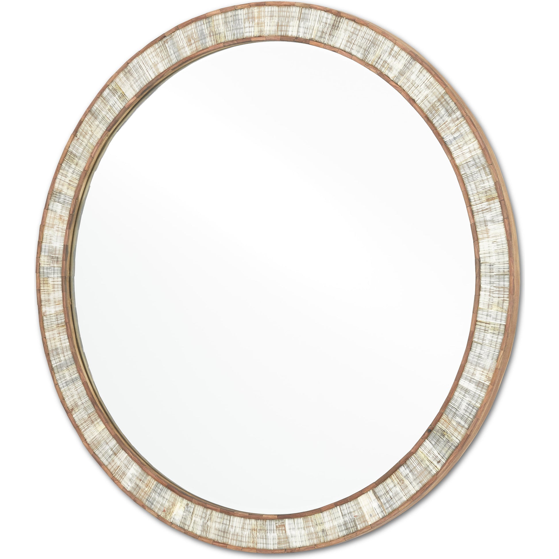 Hyson Round Mirror by Currey and Company in natural, mirror. Made from horn, sheesham wood, engineered hardwood, glass in a coastal style.