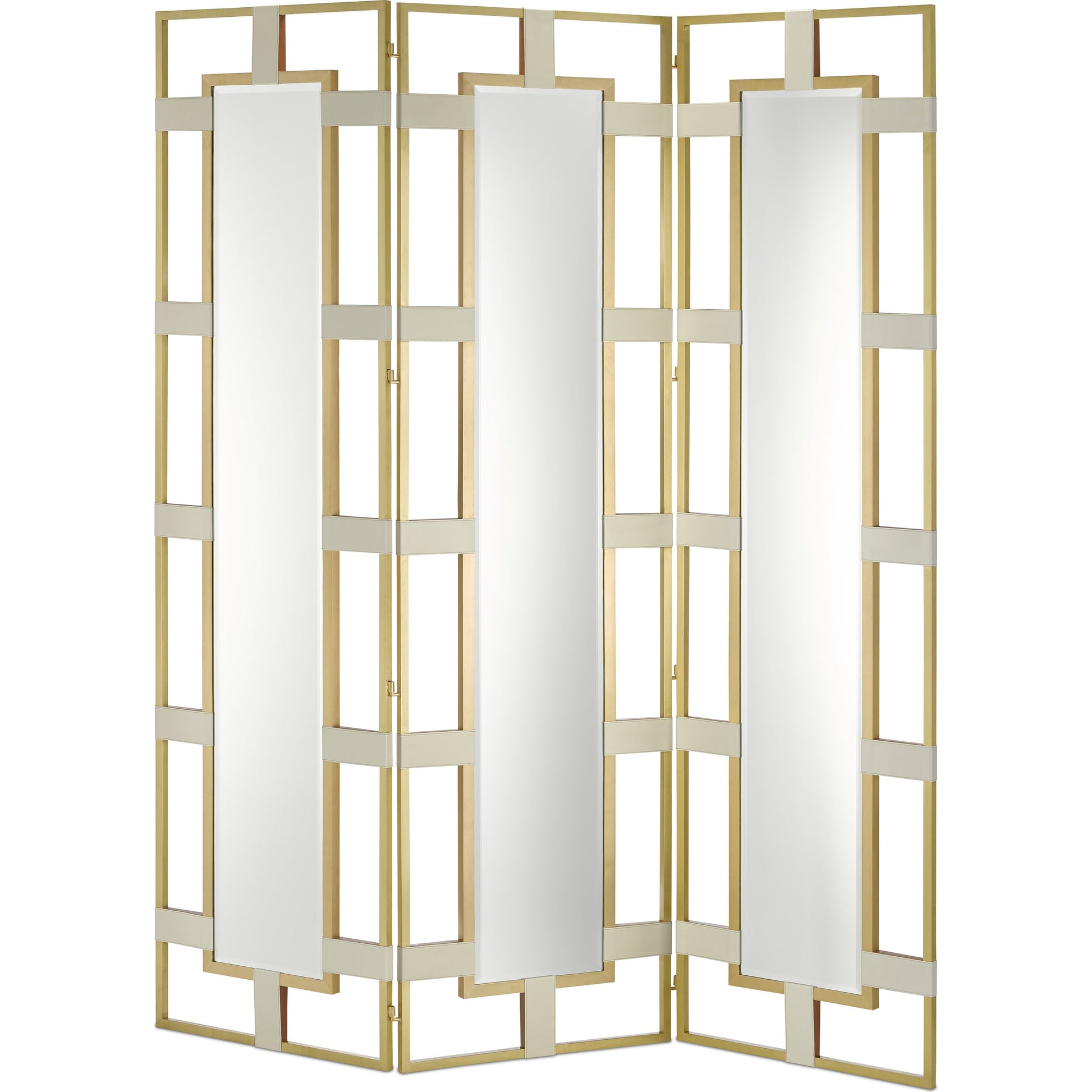 Camille Screen by Currey and Company in cream, brushed brass, mirror. Made from leather, brass, wood, glass in a transitional style.