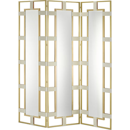 Camille Screen by Currey and Company in cream, brushed brass, mirror. Made from leather, brass, wood, glass in a transitional style.