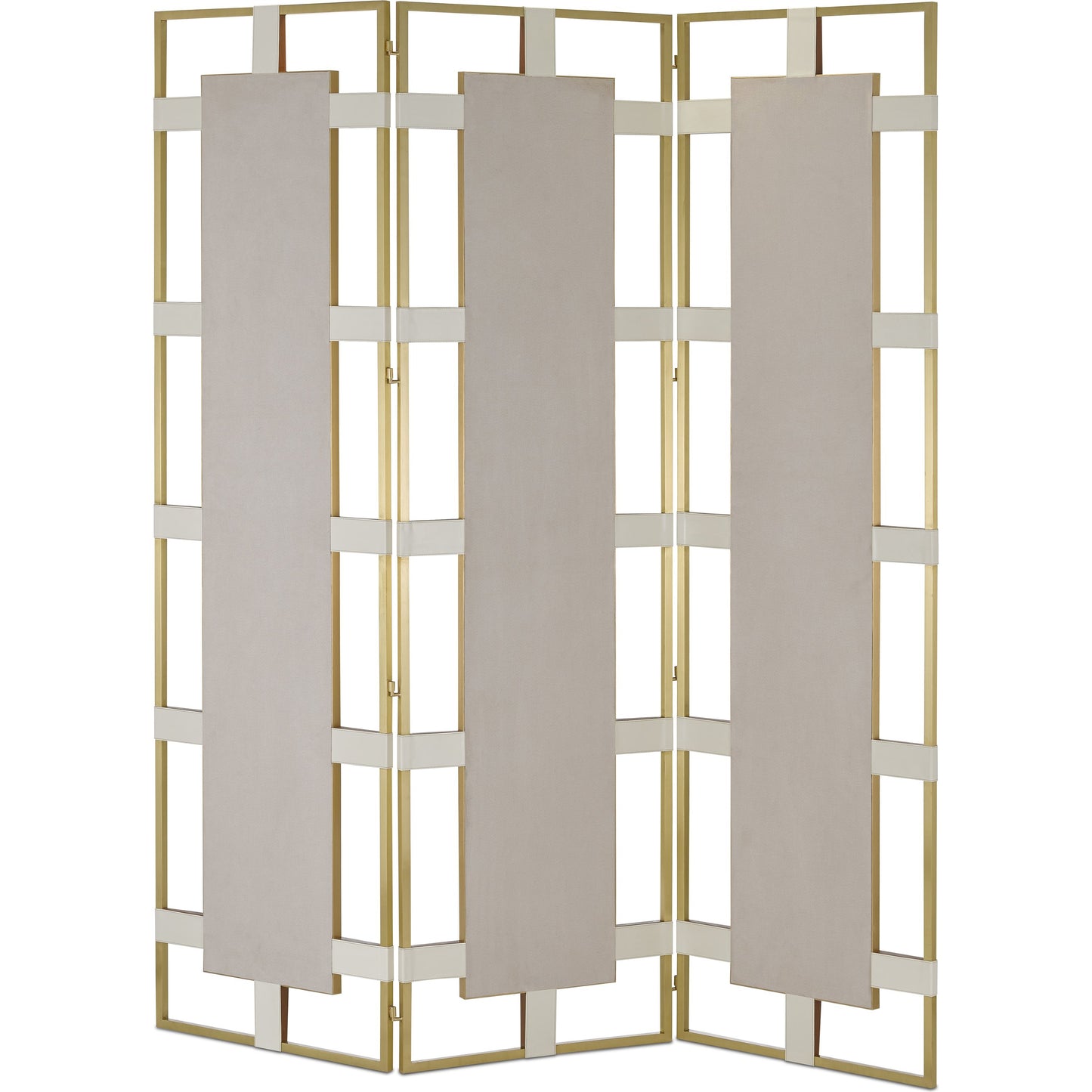 002 SR-823520 | Additional Silo | Camille Screen by Currey and Company in cream, brushed brass, mirror. Made from leather, brass, wood, glass in a transitional style.