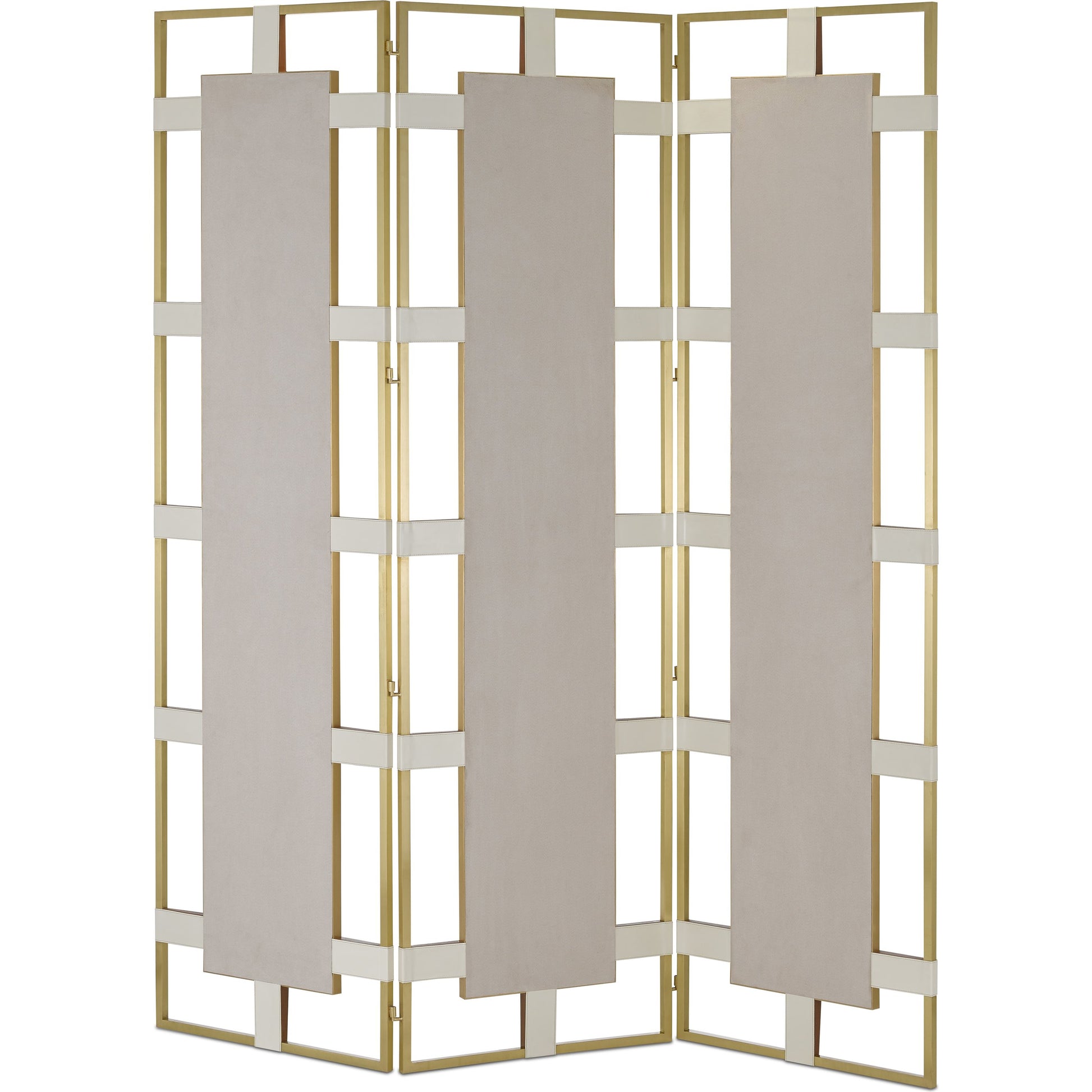 Camille Screen by Currey and Company in cream, brushed brass, mirror. Made from leather, brass, wood, glass in a transitional style.